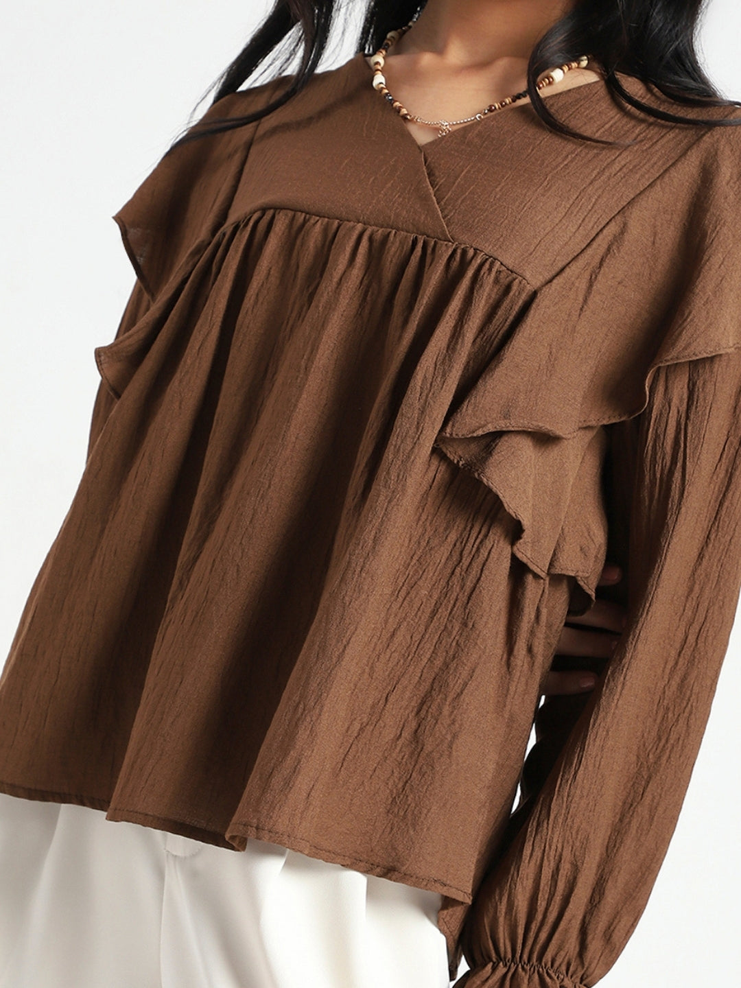Brown Cotton Nylon Ruffle Top