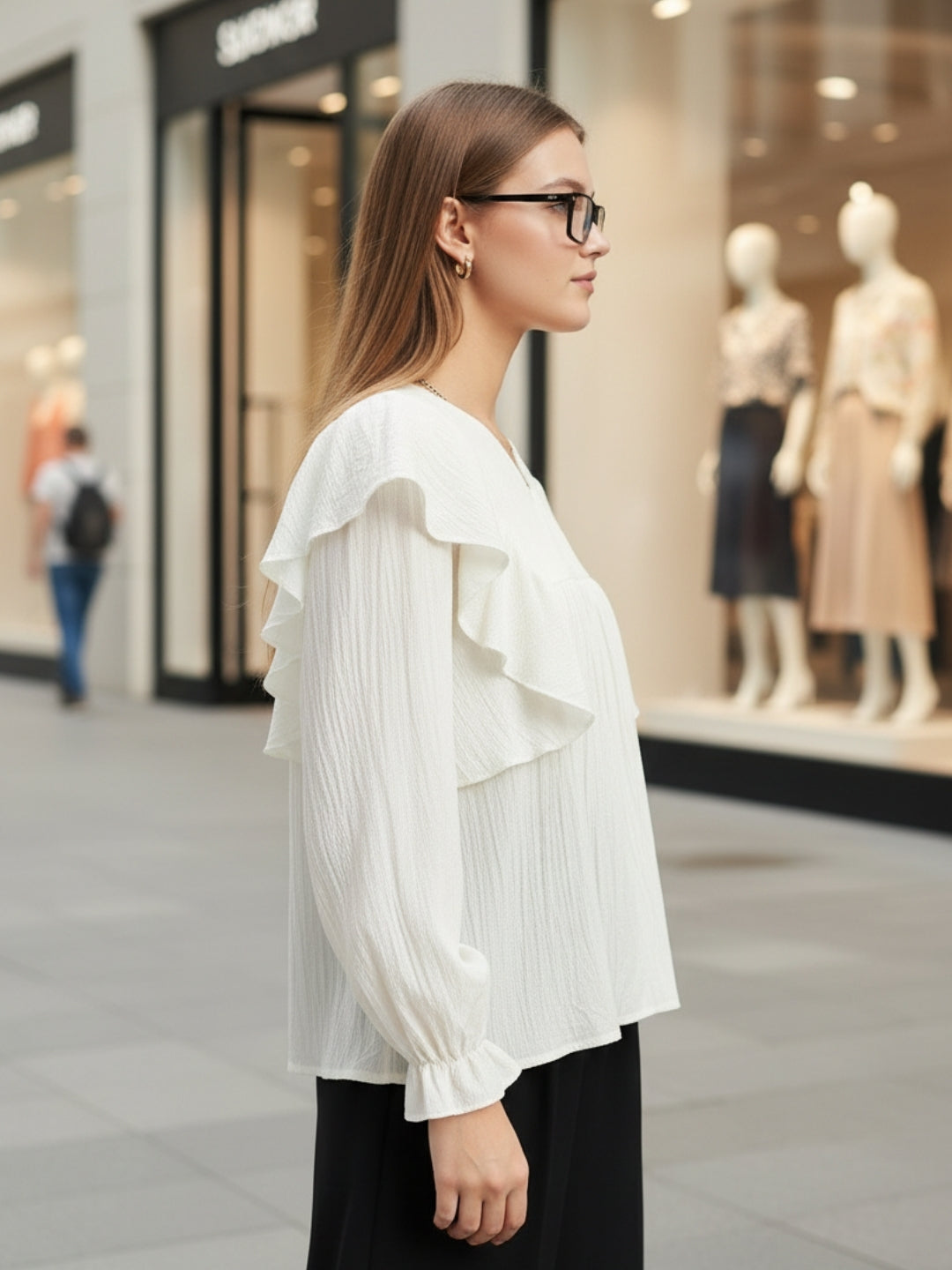 Offwhite Cotton Nylon Ruffle Top