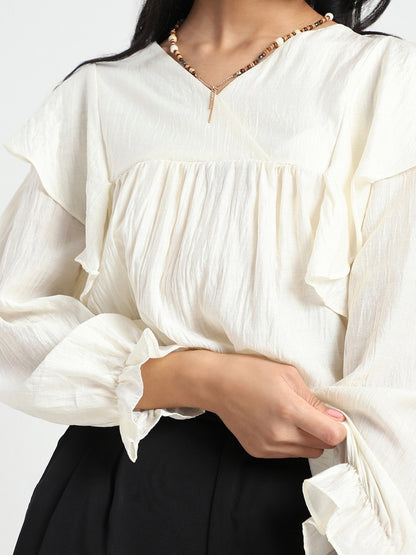 Offwhite Cotton Nylon Ruffle Top