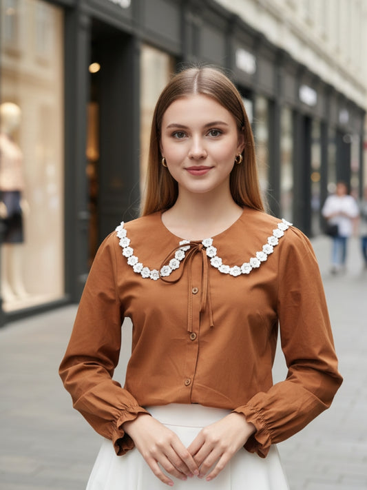 Brown Peter Pan Collar OverSize Shirt with Floral Lace