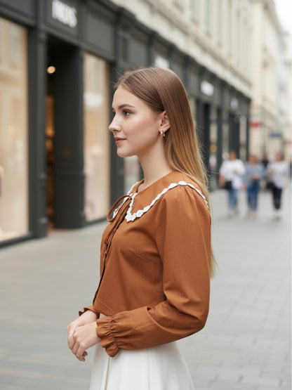 Brown Peter Pan Collar OverSize Shirt with Floral Lace