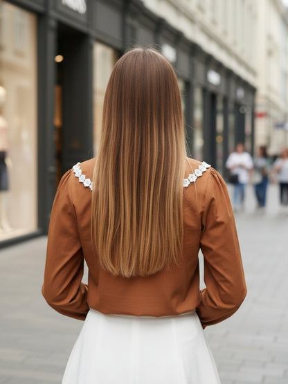 Brown Peter Pan Collar OverSize Shirt with Floral Lace