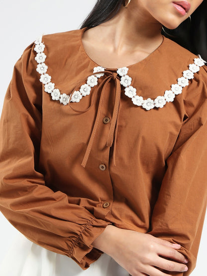 Brown Peter Pan Collar OverSize Shirt with Floral Lace