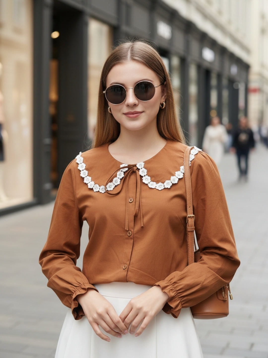 Brown Peter Pan Collar OverSize Shirt with Floral Lace