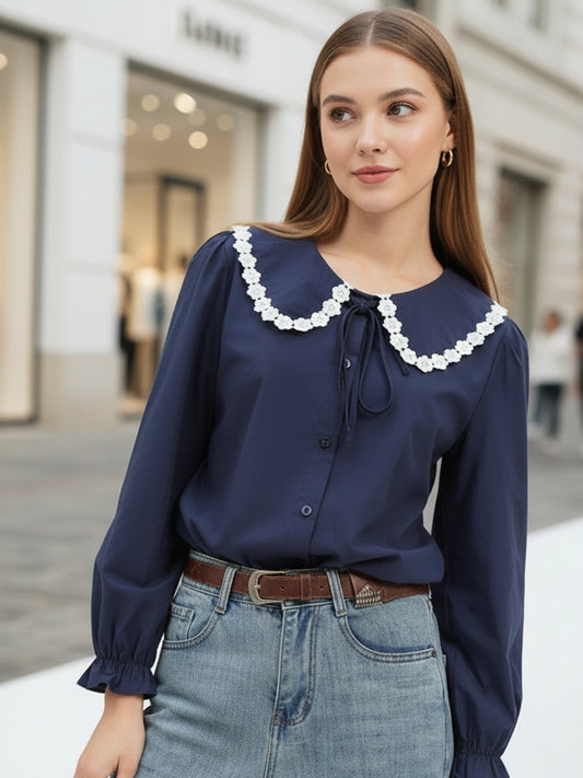 Navy Peter Pan Collar OverSize Shirt with Floral Lace