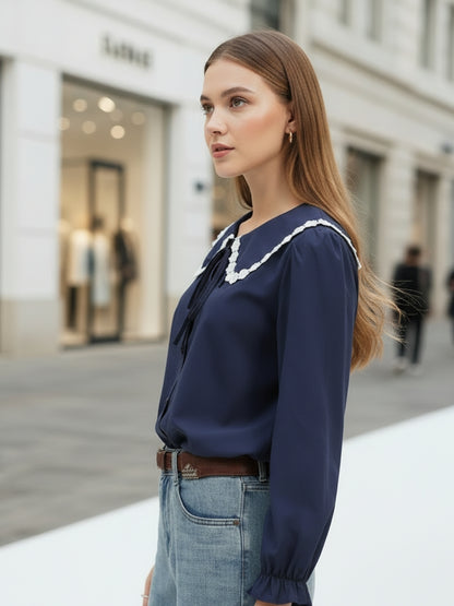Navy Peter Pan Collar OverSize Shirt with Floral Lace
