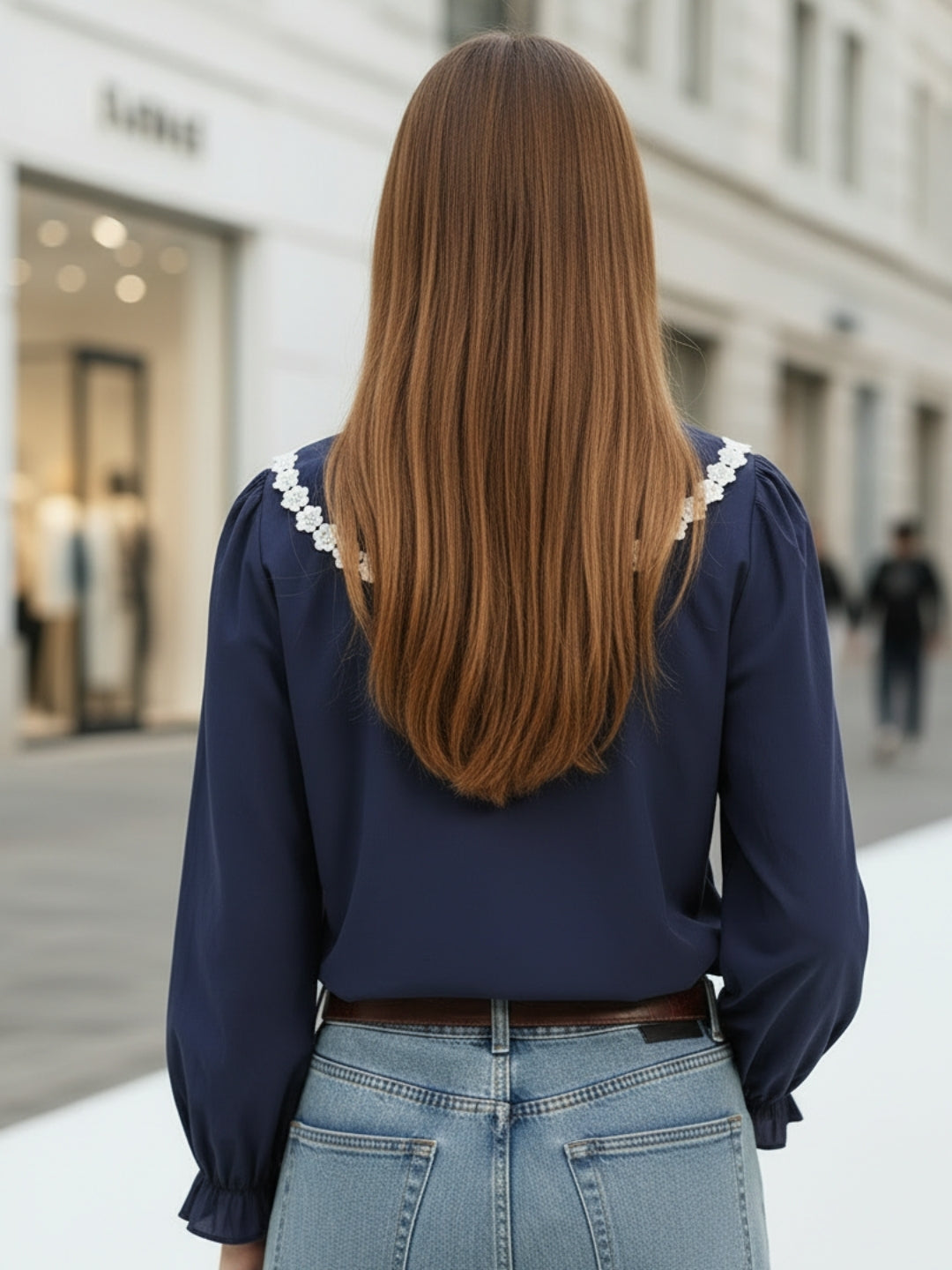 Navy Peter Pan Collar OverSize Shirt with Floral Lace