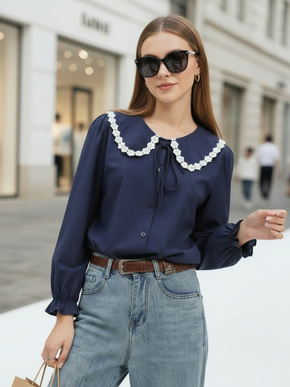 Navy Peter Pan Collar OverSize Shirt with Floral Lace