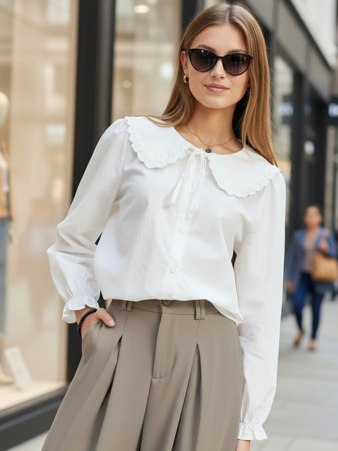 White Peter Pan Collar OverSize Shirt with Floral Lace