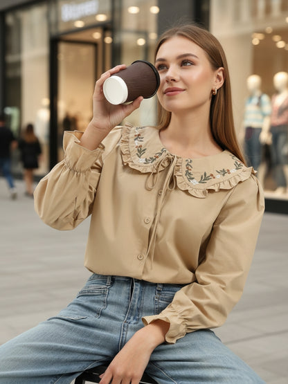 Beige Embriodered Peter Pan Collar OverSize Shirt with Floral Lace