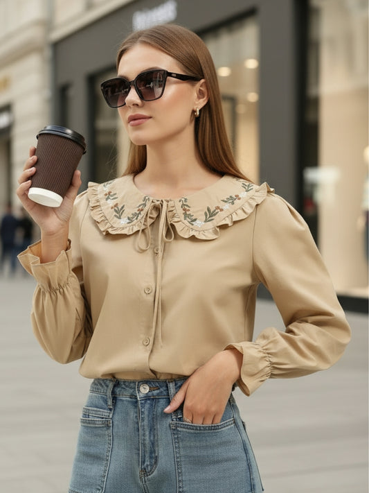 Beige Embriodered Peter Pan Collar OverSize Shirt with Floral Lace