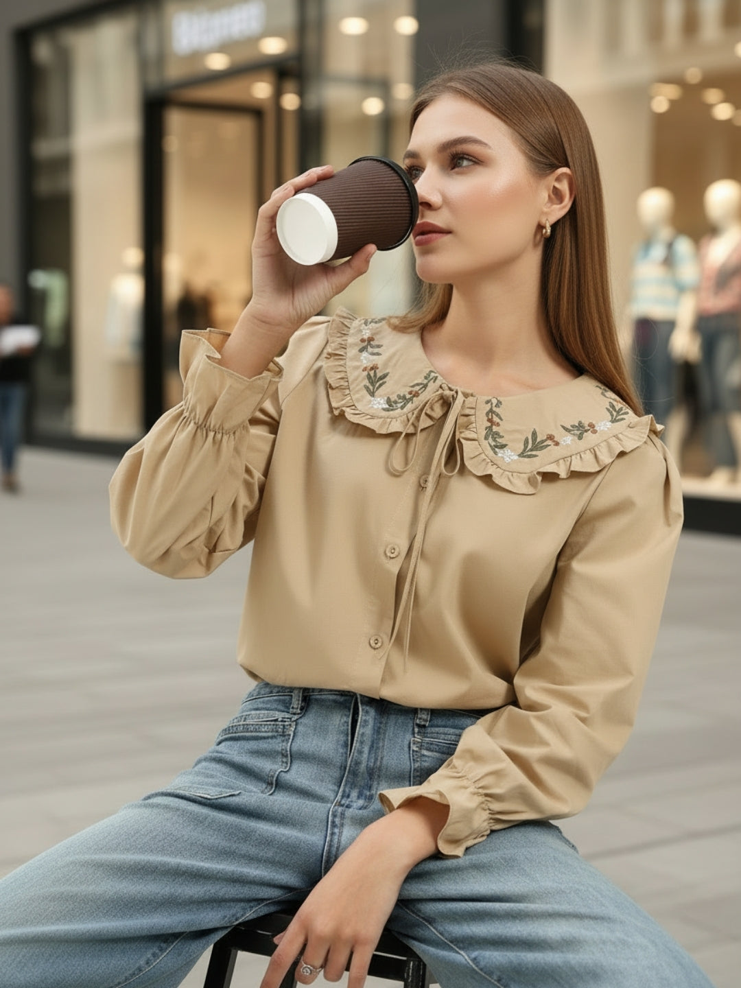 Beige Embriodered Peter Pan Collar OverSize Shirt with Floral Lace