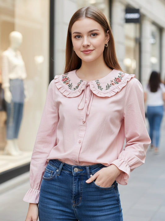 Pink Embriodered Peter Pan Collar OverSize Shirt with Floral Lace