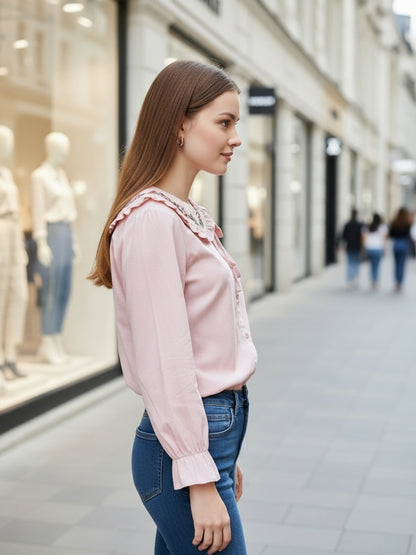 Pink Embriodered Peter Pan Collar OverSize Shirt with Floral Lace