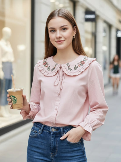 Pink Embriodered Peter Pan Collar OverSize Shirt with Floral Lace