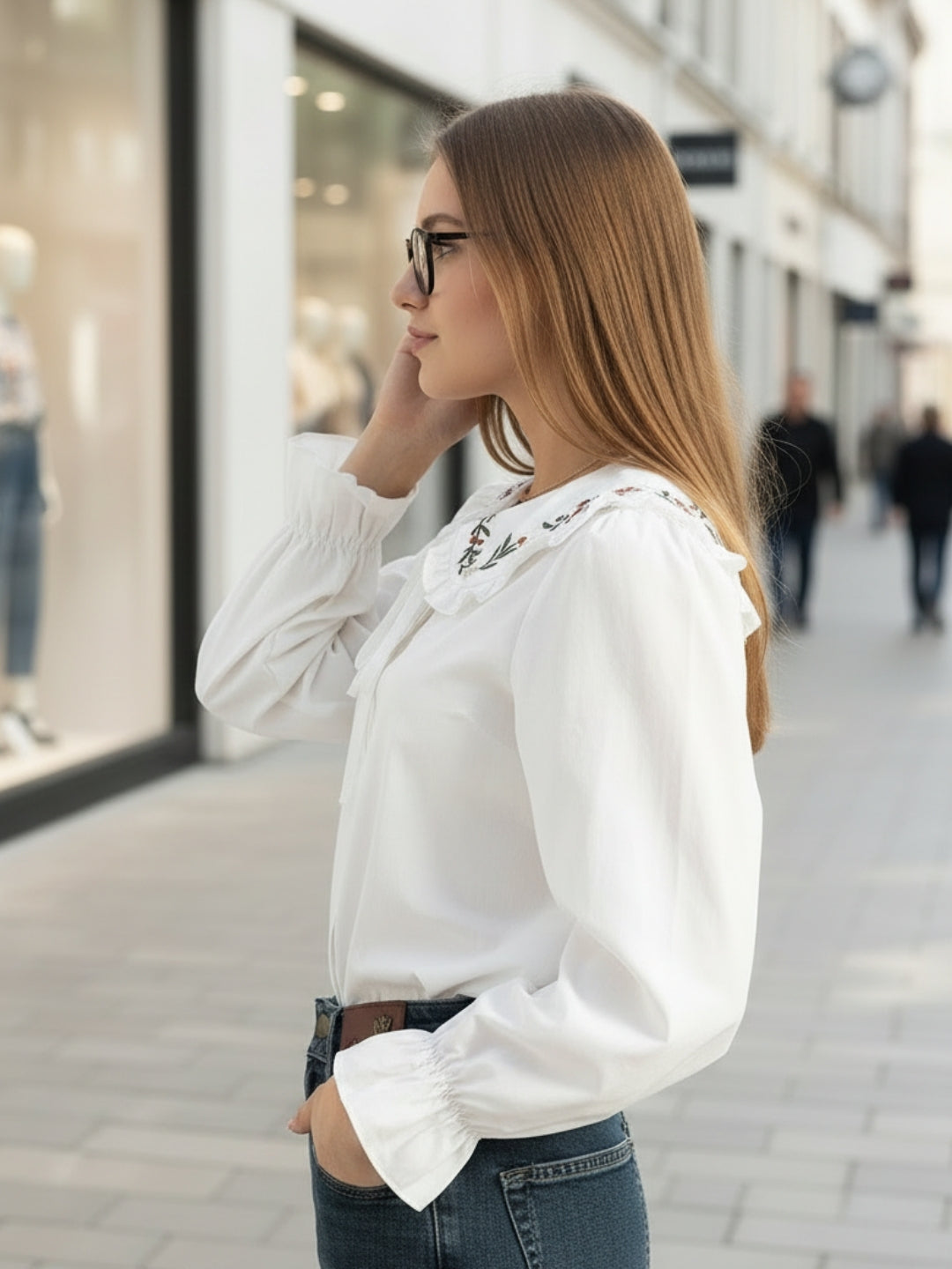 White Embriodered Peter Pan Collar OverSize Shirt with Floral Lace