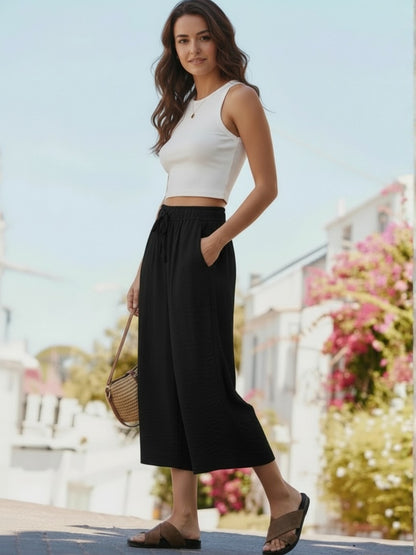 Cotton Nylon Wide-Leg Capris