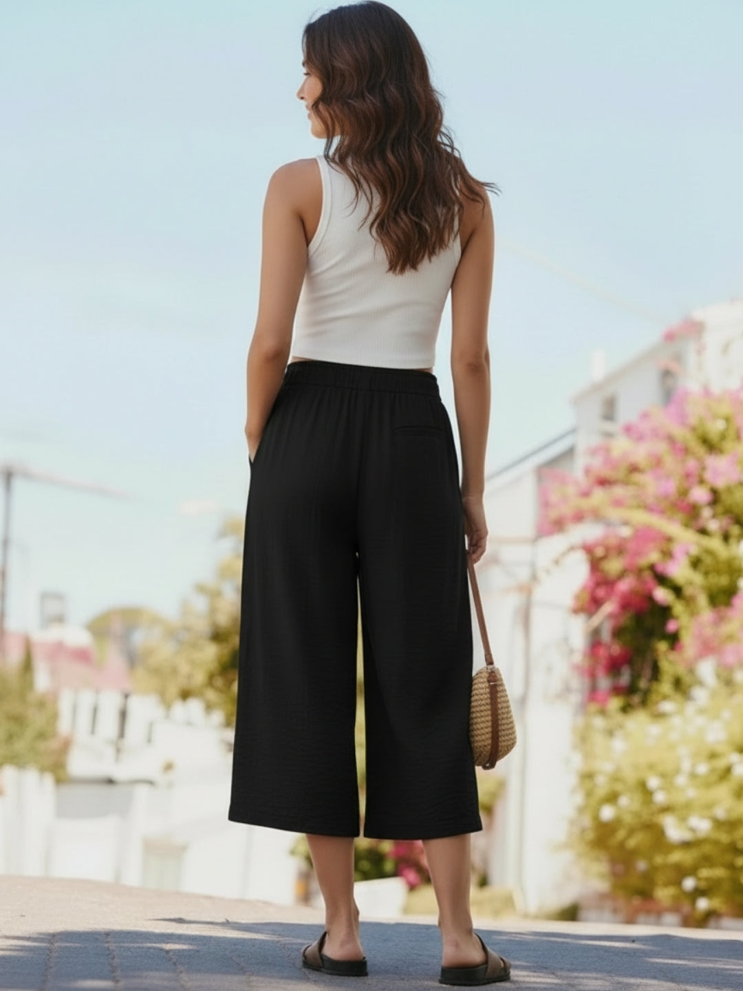 Cotton Nylon Wide-Leg Capris