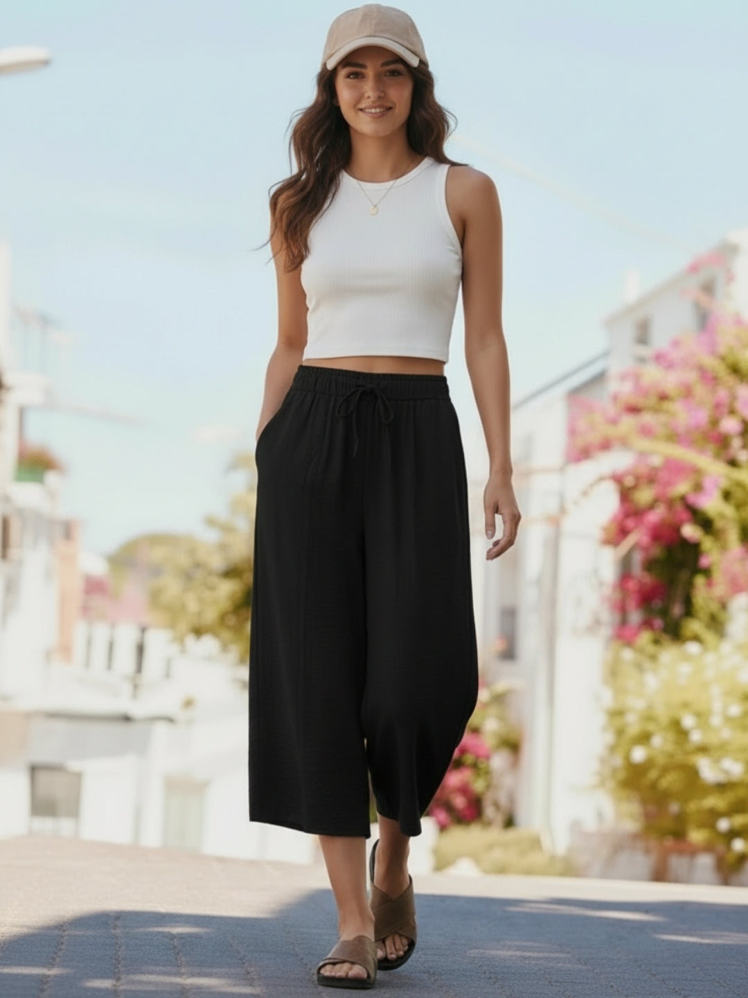 Cotton Nylon Wide-Leg Capris