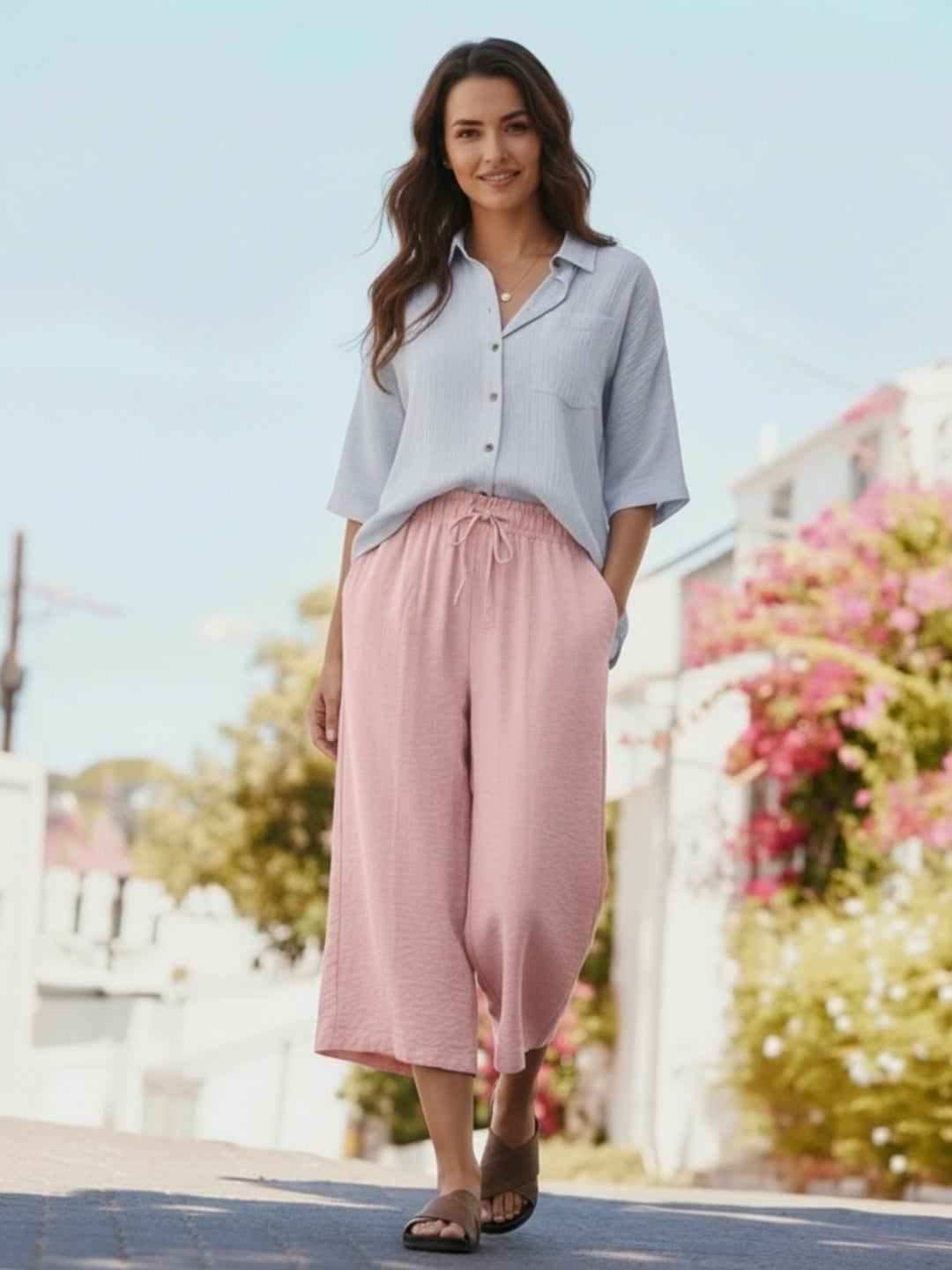 Cotton Nylon Wide-Leg Capris