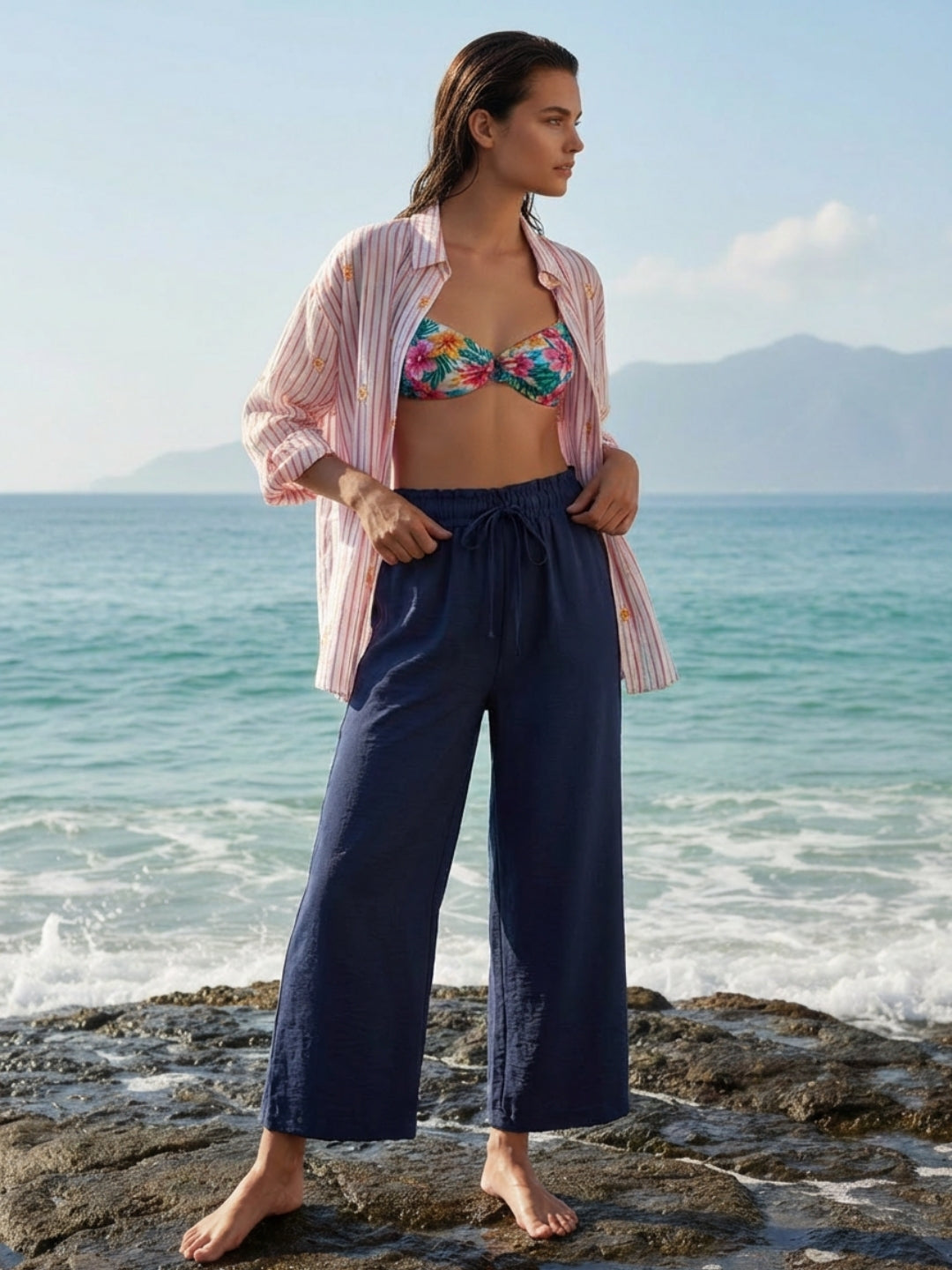 Cotton Nylon Wide Leg Trouser