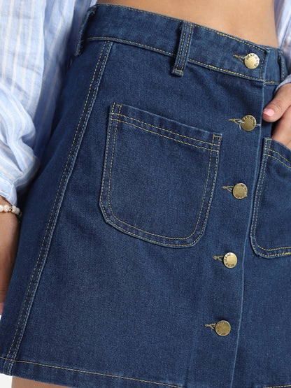 Stylish Button Front Denim Mini Skirt