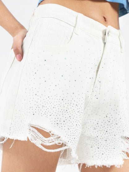 Korean White Rhinestone Denim Shorts