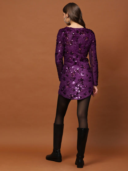 Wine Sequin Feathered Mini Dress with Long Sleeves – Glamorous Women’s Party Wear