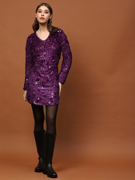 Wine Sequin Feathered Mini Dress with Long Sleeves – Glamorous Women’s Party Wear