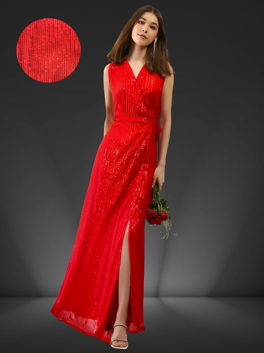 Red Sequin Wrap Maxi Dress – Glamorous Party Wear Evening Gown for Women