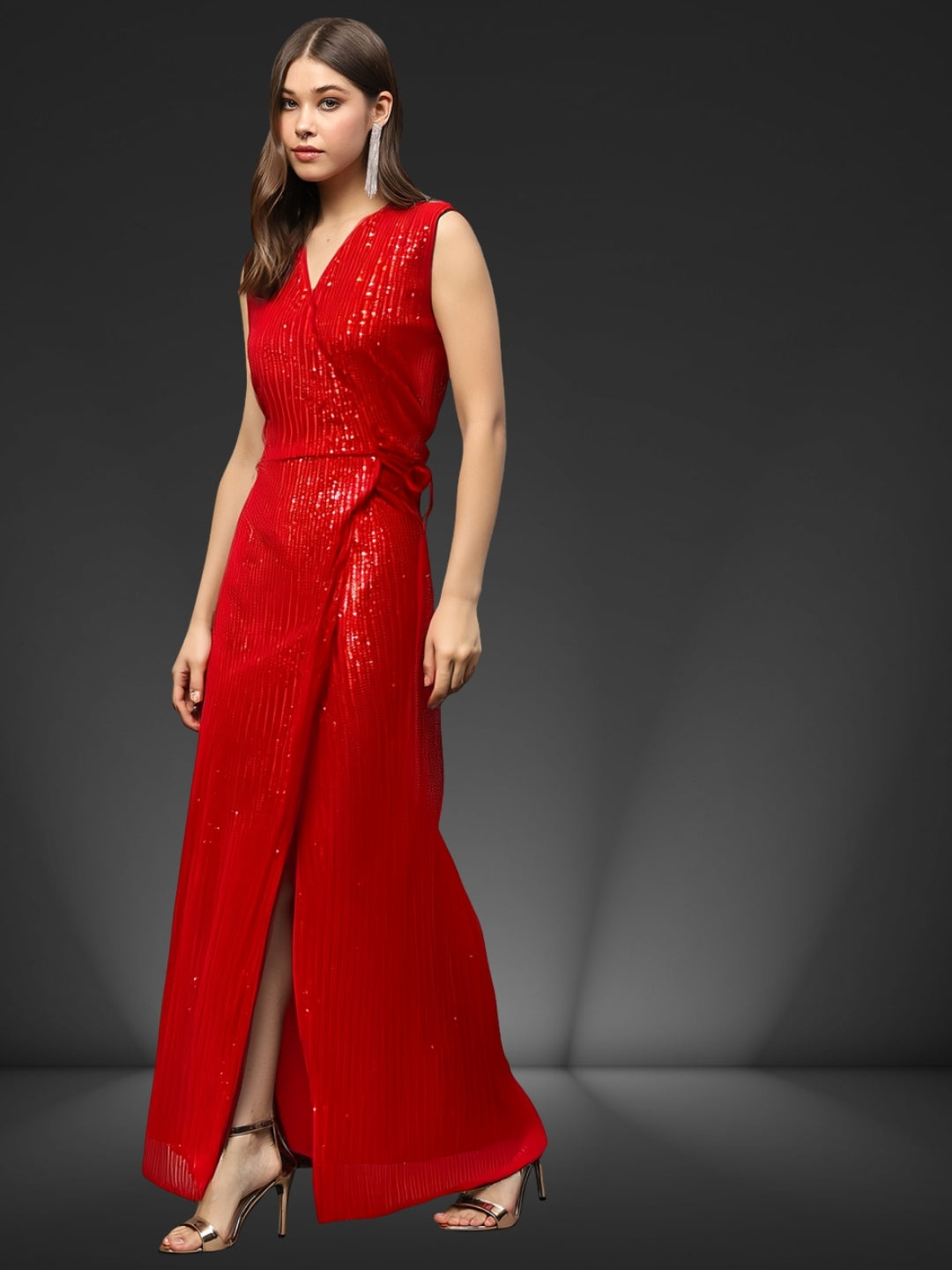 Red Sequin Wrap Maxi Dress – Glamorous Party Wear Evening Gown for Women