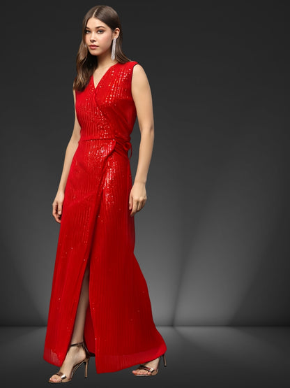 Red Sequin Wrap Maxi Dress – Glamorous Party Wear Evening Gown for Women