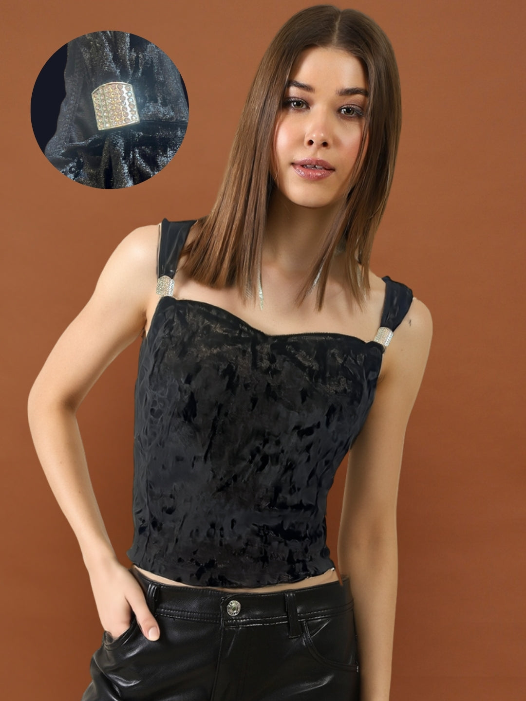 Black Velvet Sleeveless Party Top with Stylish Strap Detailing – Trendy Women’s Evening Wear