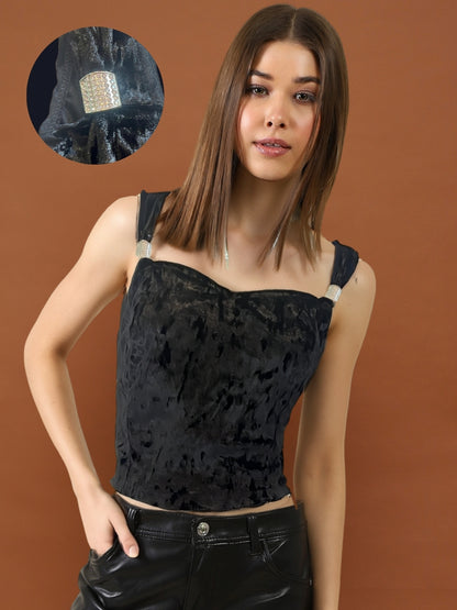 Black Velvet Sleeveless Party Top with Stylish Strap Detailing – Trendy Women’s Evening Wear