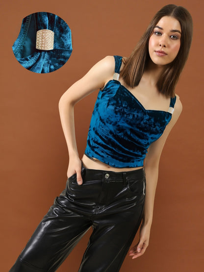Blue Velvet Sleeveless Party Top with Stylish Strap Detailing – Trendy Women’s Evening Wear